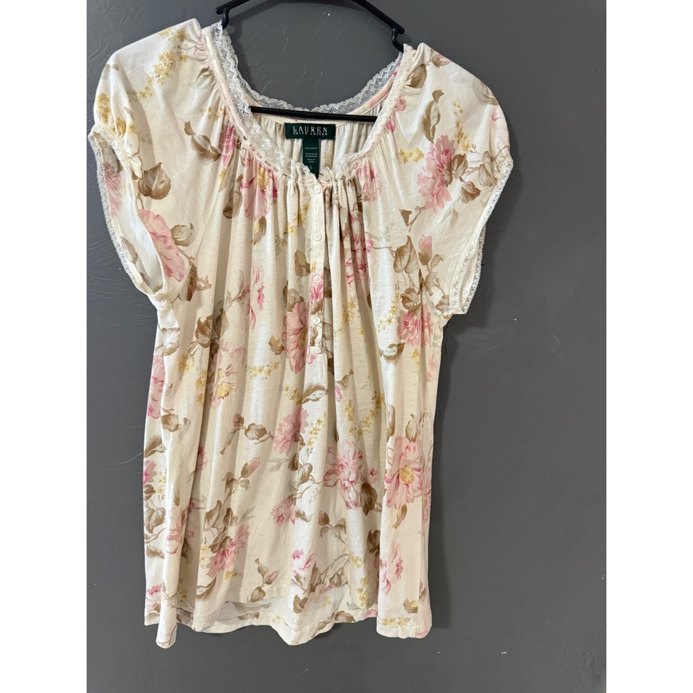 Lauren Ralph Lauren Coquette Feminine Pink Floral Cotton Lace Shirt Blouse Large